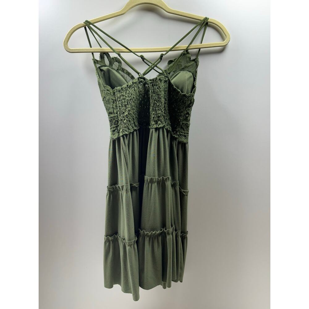 Y2K Boho Babydoll Tiered Mini Dress Green Sz Large Strappy Juniors Coquette - Picture 10 of 11